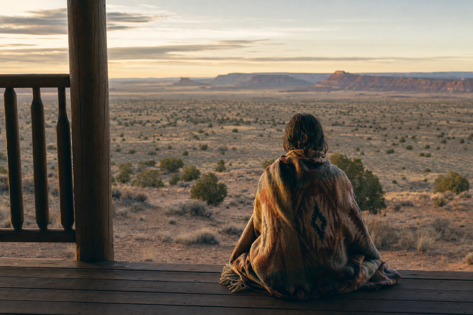 Person from behind on a porch facing desert dawn