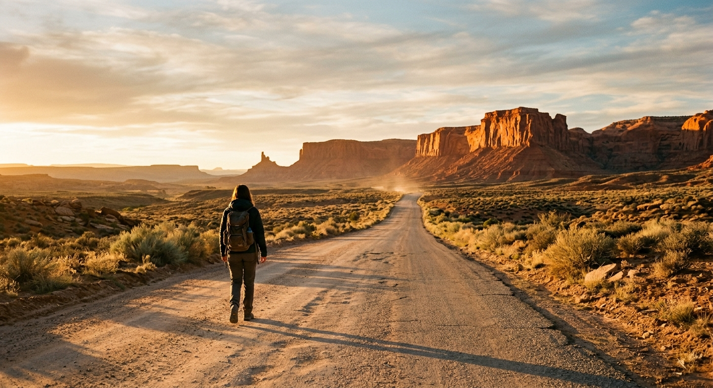 Figure from behind walking a desert road toward red mesas at sunrise