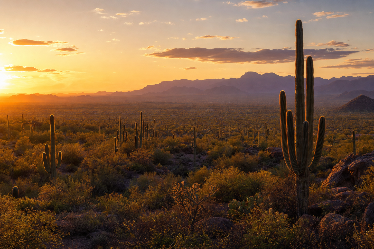 Sonoran Desert at golden hour with saguaros and distant mountains