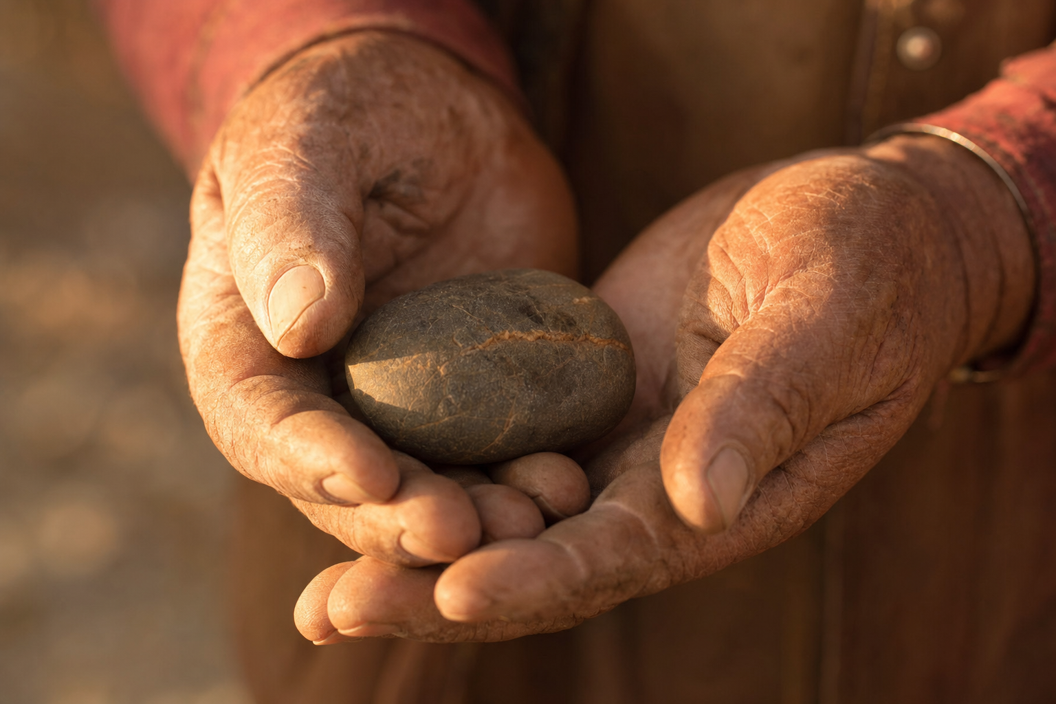Hands cradling a smooth stone in warm sunlight