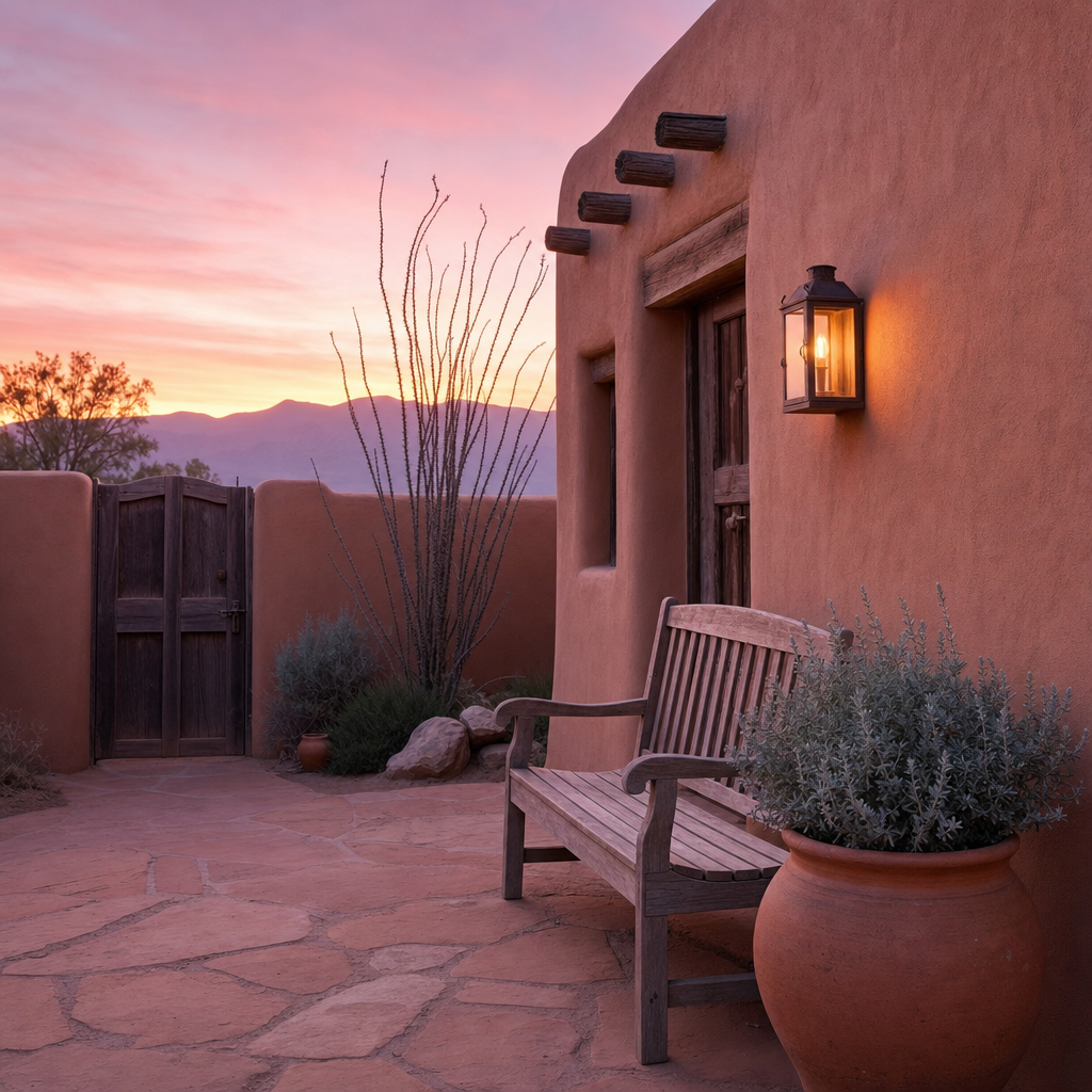 Adobe courtyard with wooden bench and sage at dawn