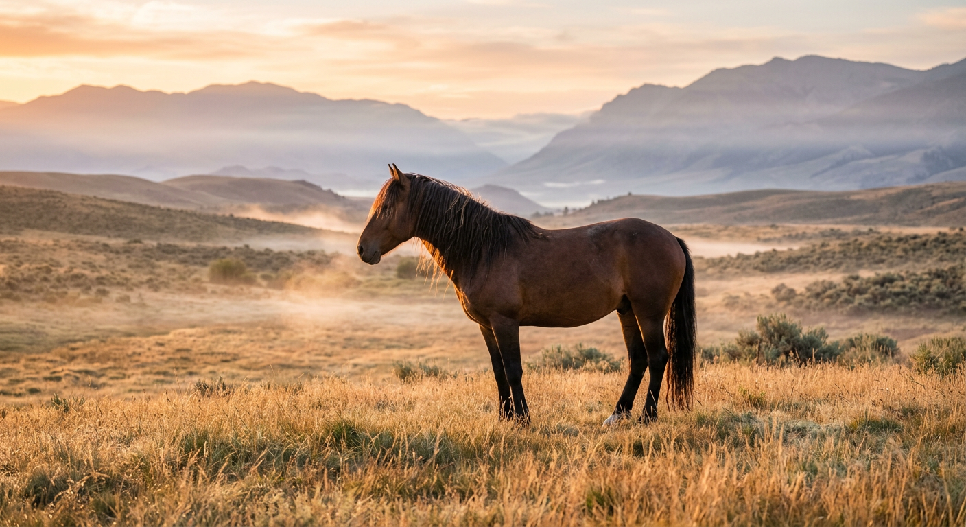 Wild horse in golden desert grass at sunrise