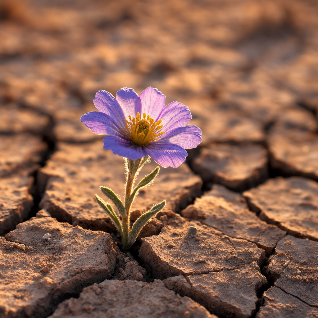 Desert wildflower growing from cracked earth in warm light