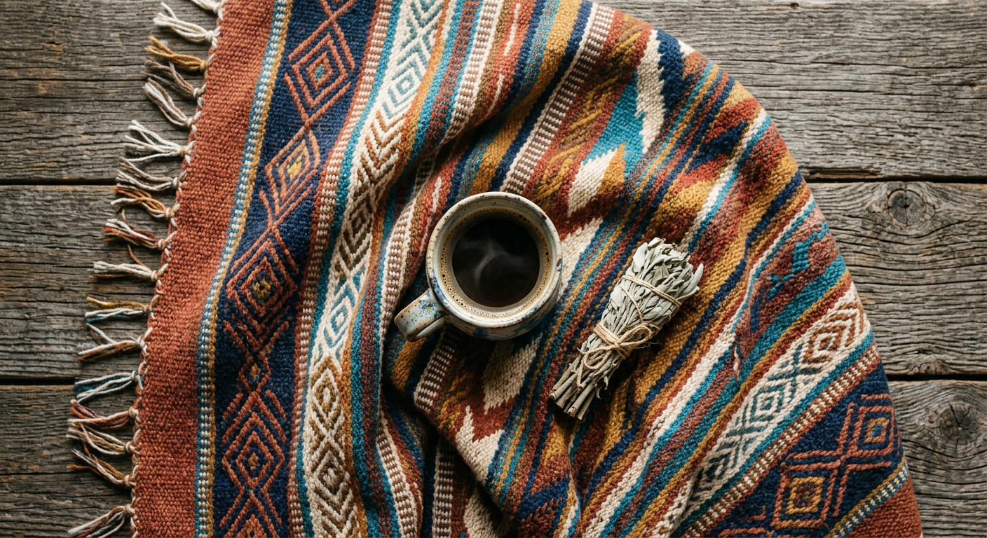 Southwestern blanket with mug and dried sage on wood