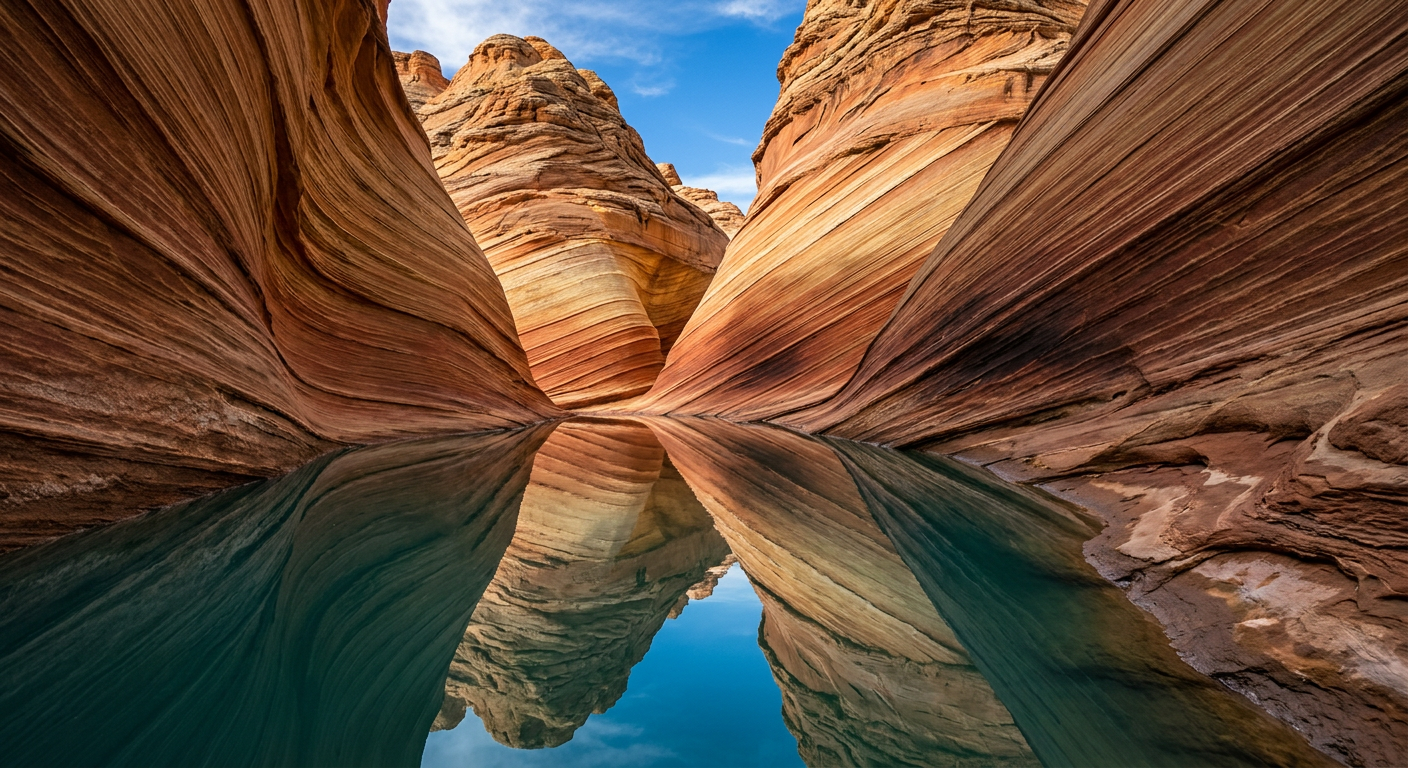 Reflective pool in sandstone slot canyon with sky above