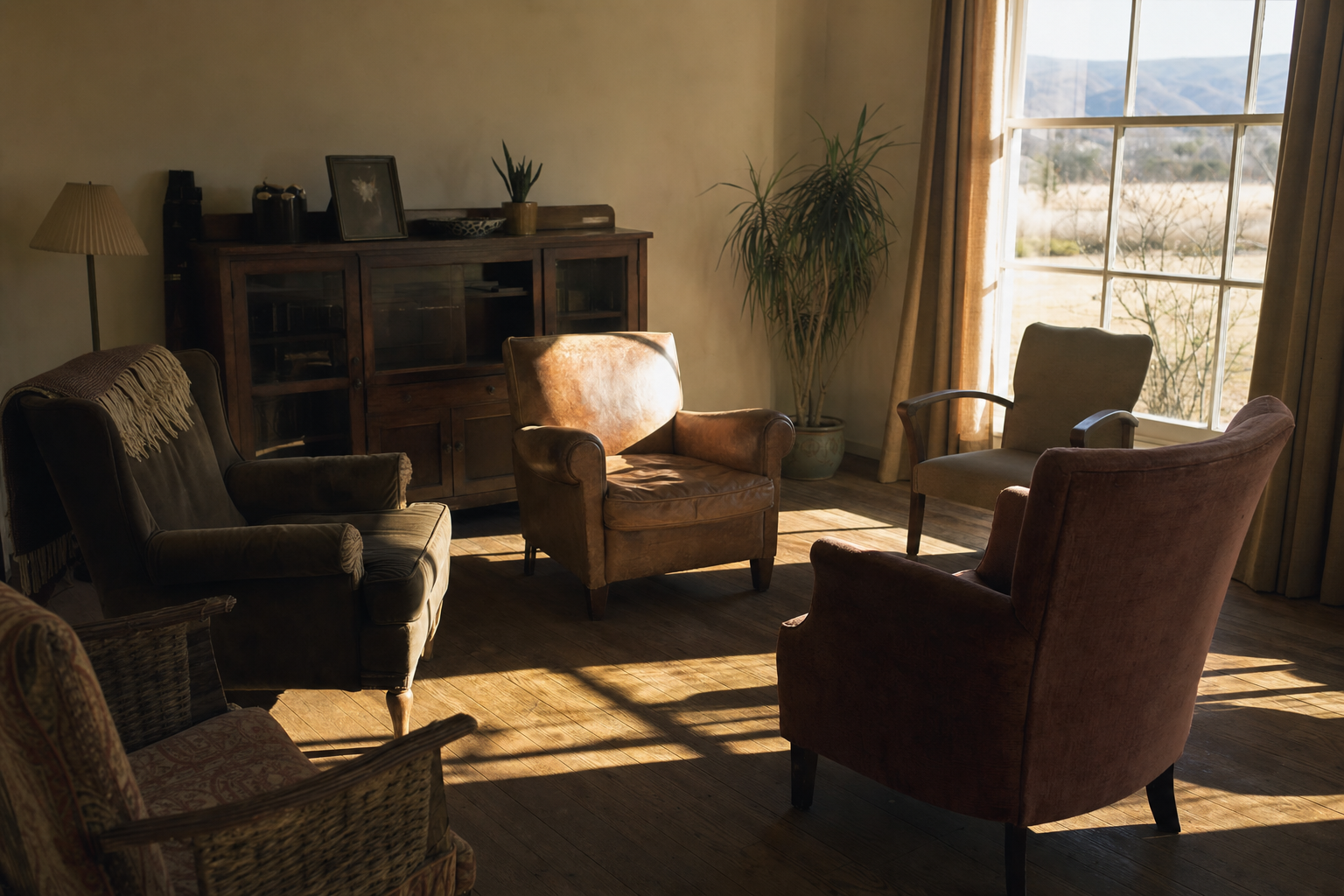 Sunlit common room with armchairs in a circle, empty