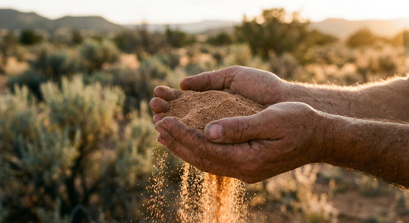 Cupped hands holding desert sand in side light