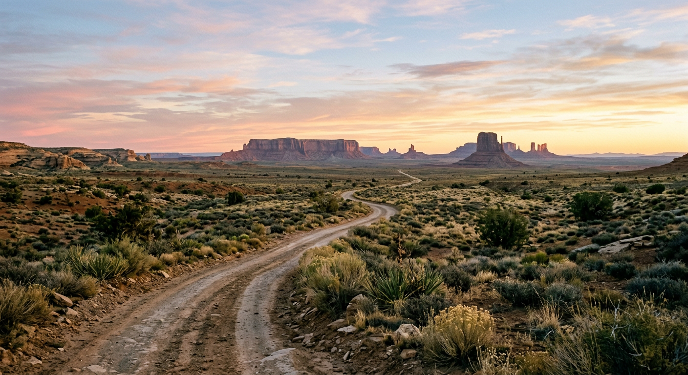 A dirt path winding through desert toward distant mesas at dawn