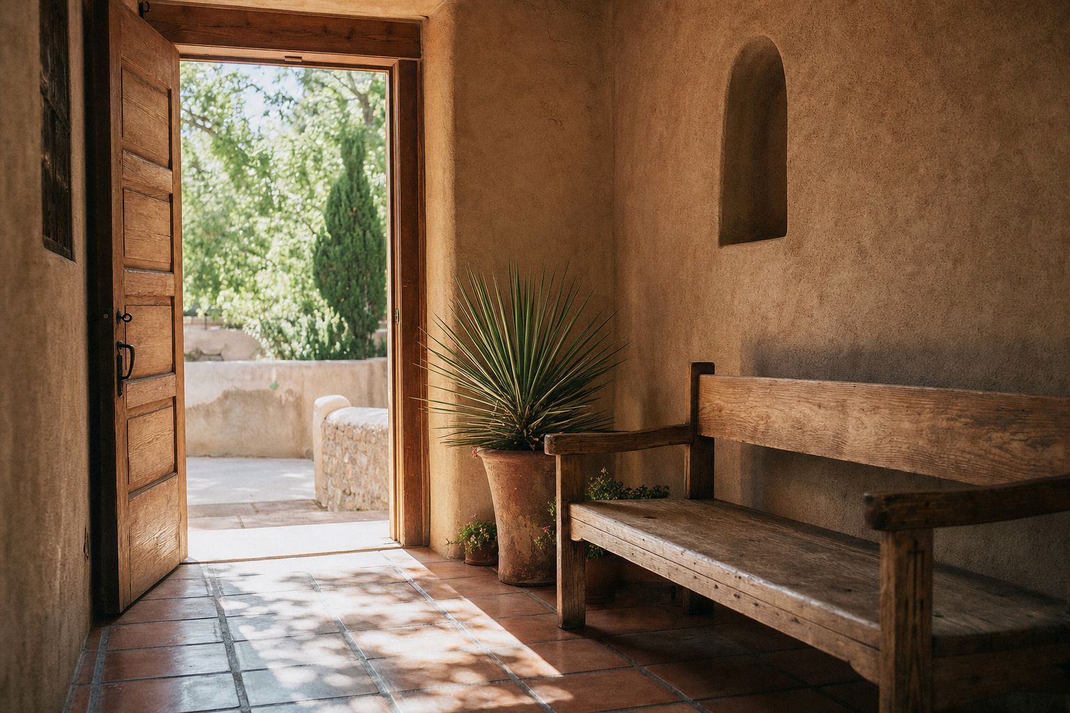 Sunlit adobe courtyard doorway with a wooden bench