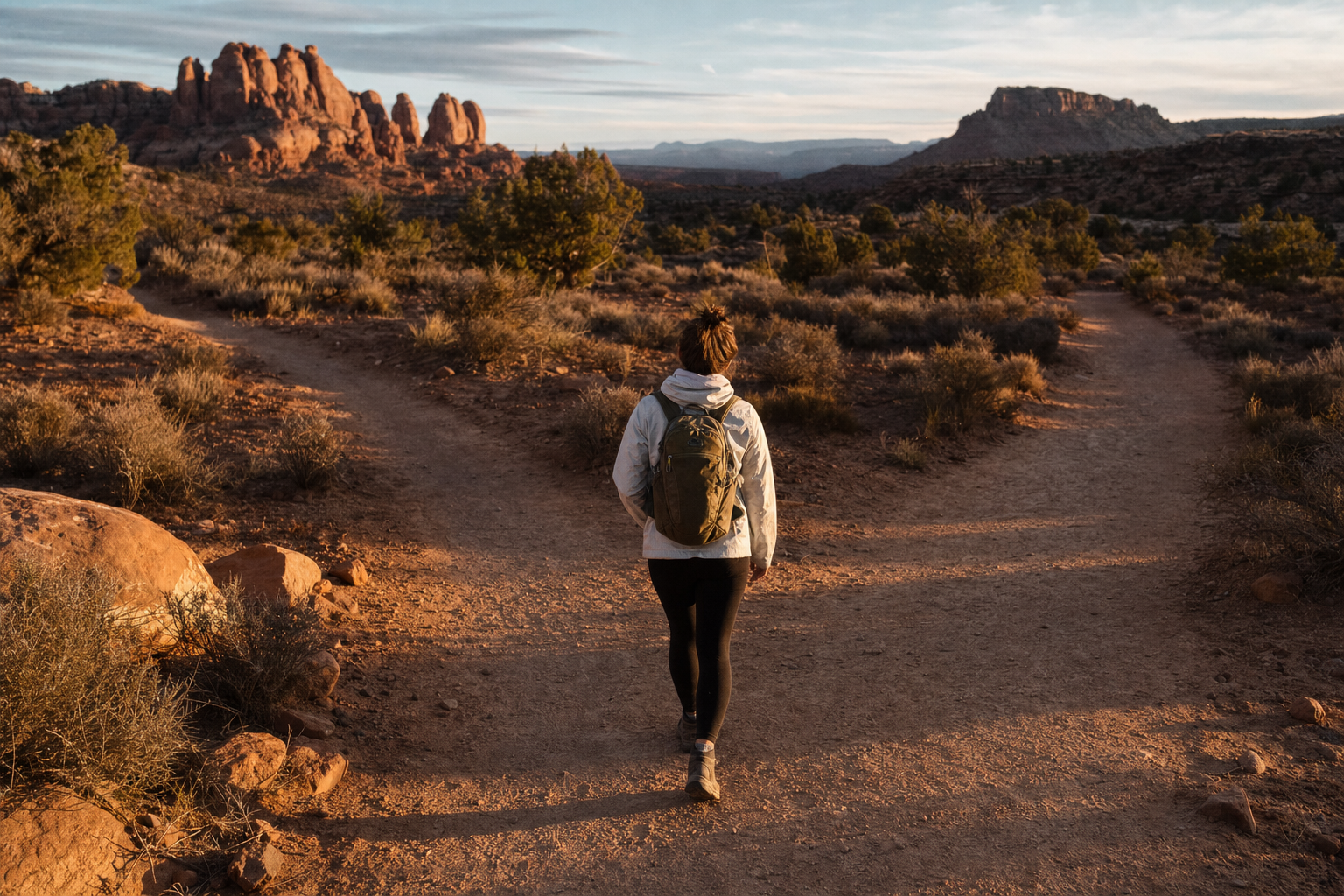 Person from behind on a desert trail that splits into two paths at sunset