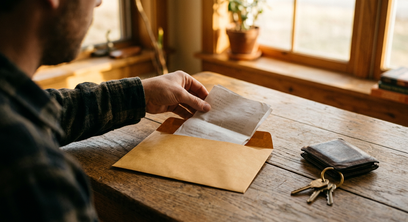 Hand tucking a paper list into an envelope on a sunlit table