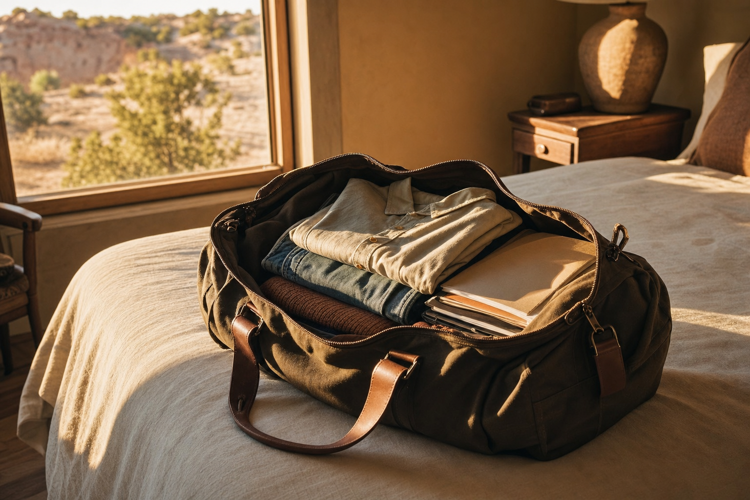 Open packed duffel bag on a bed in warm morning light