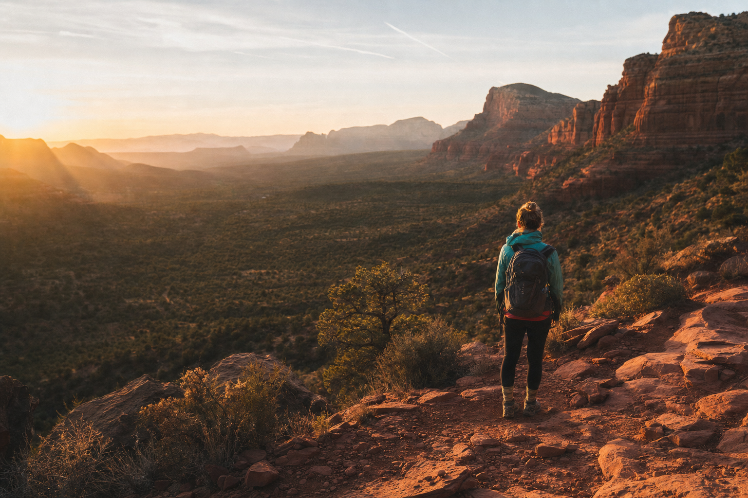 Hiker from behind on red-rock trail at sunrise in a desert canyon