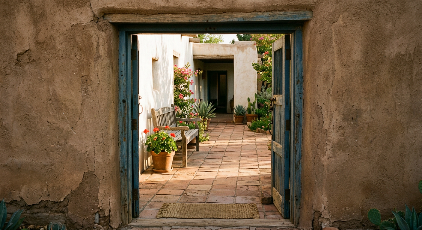 Sunlit adobe doorway opening onto a quiet courtyard with a bench