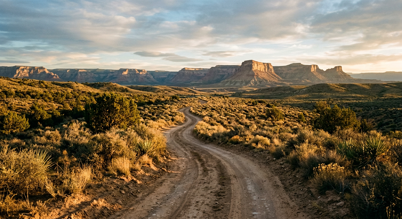 Winding desert path leading toward distant mesas at golden hour