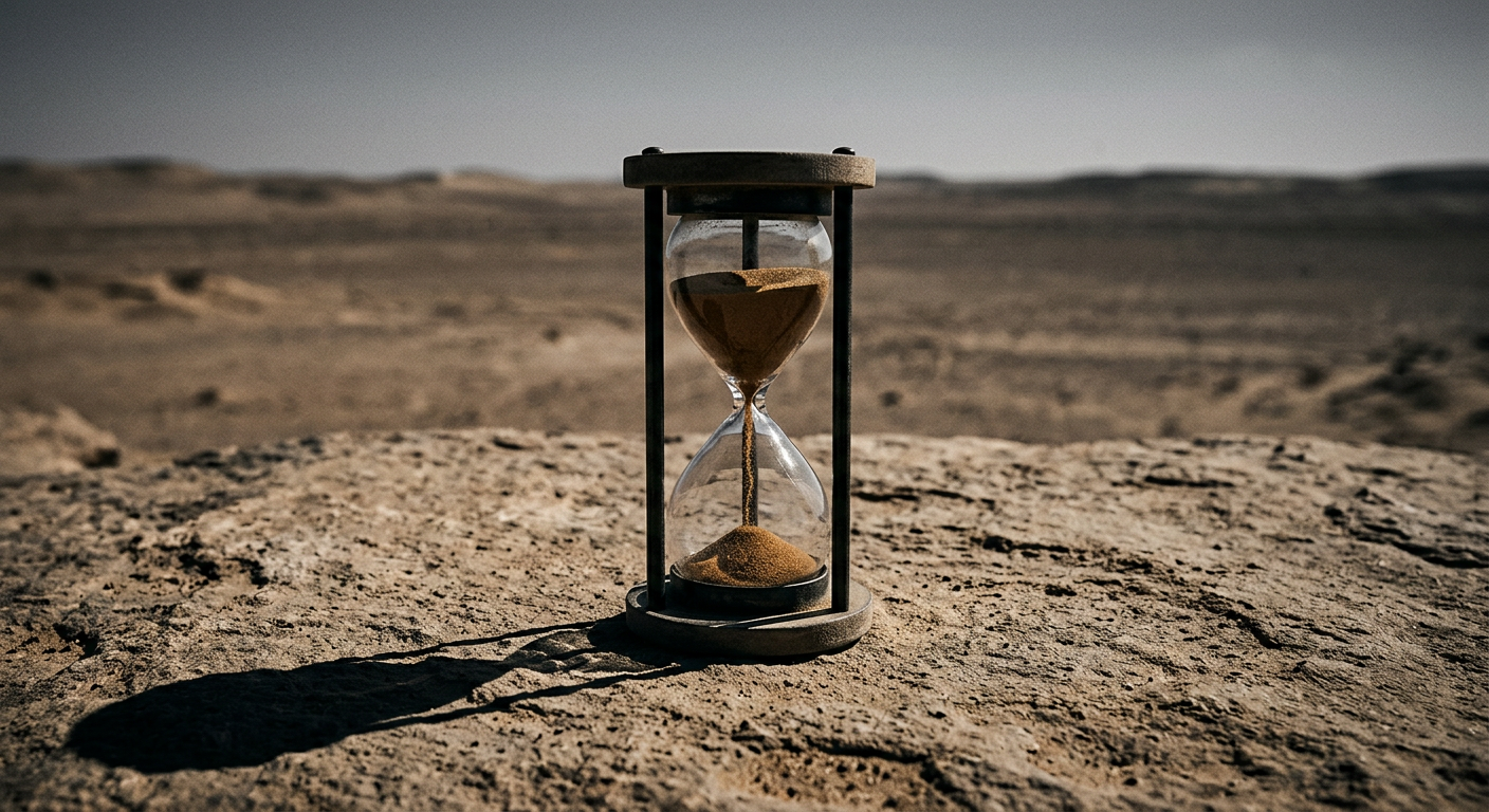 Hourglass with falling sand on a bare surface in dramatic light