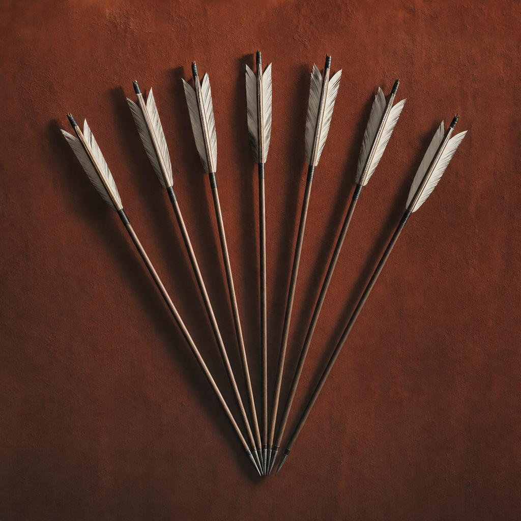 Seven arrows fanned against a terracotta background in raking light