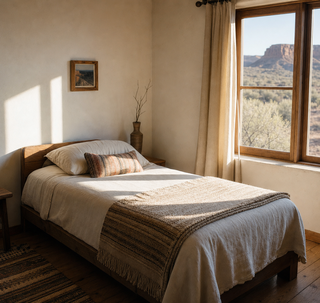 Neatly made bed in a sunlit simple room at morning