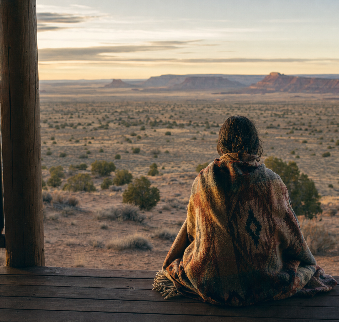 Person from behind on a porch facing desert dawn