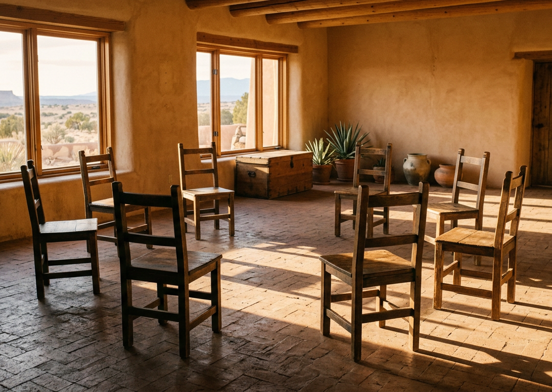 Empty circle of chairs in a sunlit room