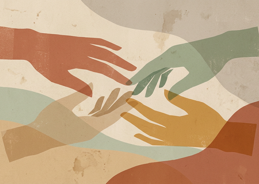 Overlapping hands reaching together in muted tones