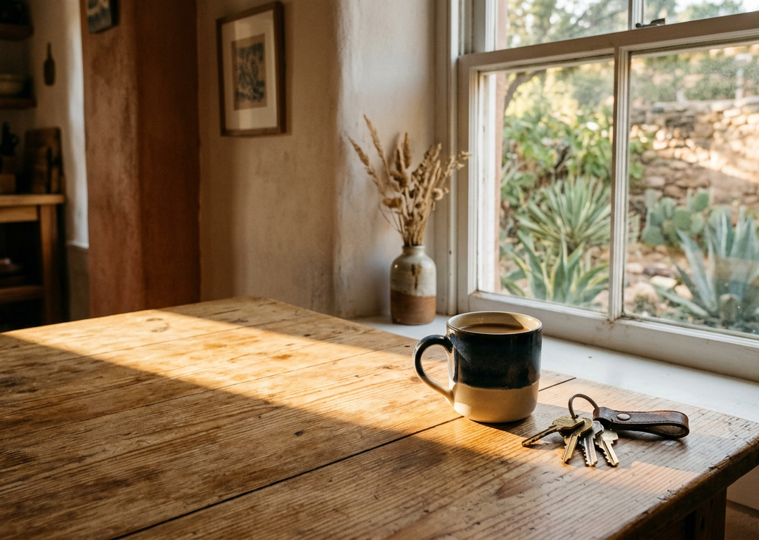 Coffee mug and house keys on a sunlit kitchen table