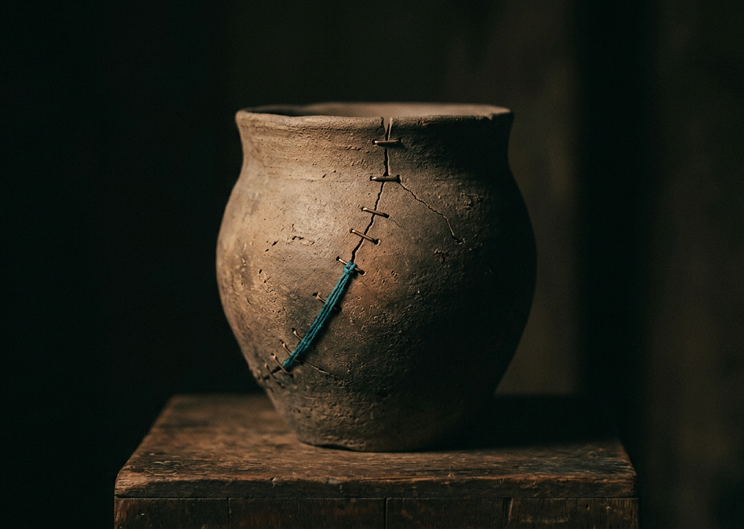 A cracked and mended clay vessel standing whole in dramatic light