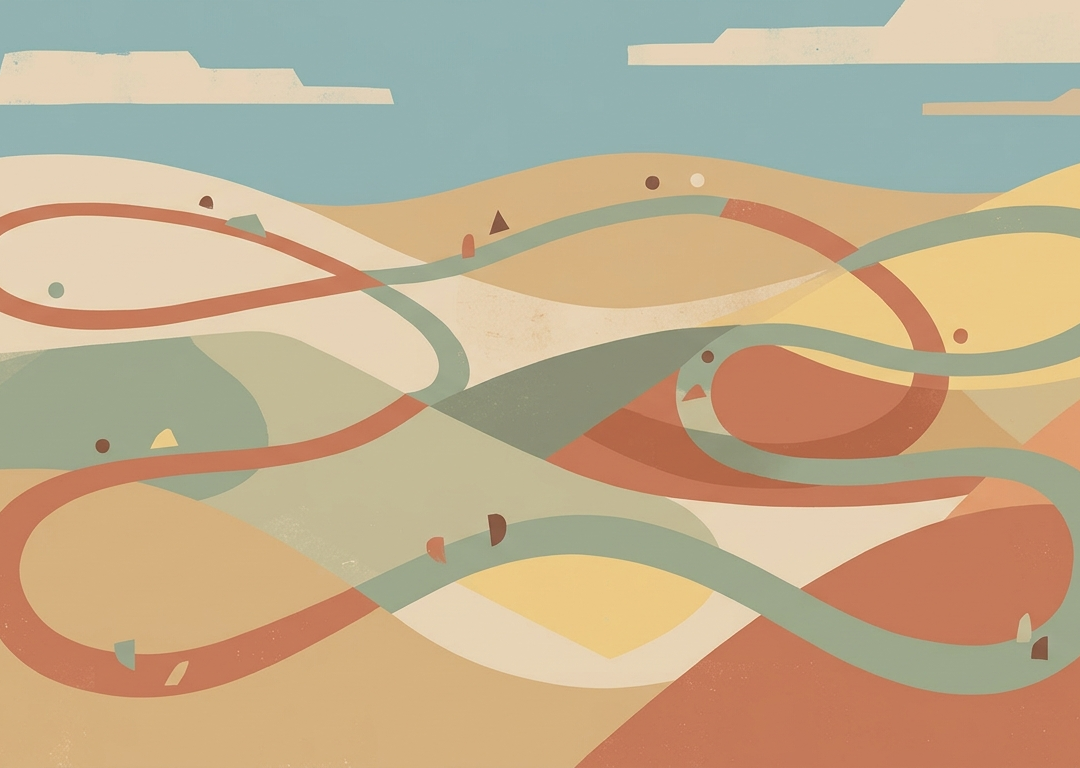 A winding looping trail across rolling hills with route markers