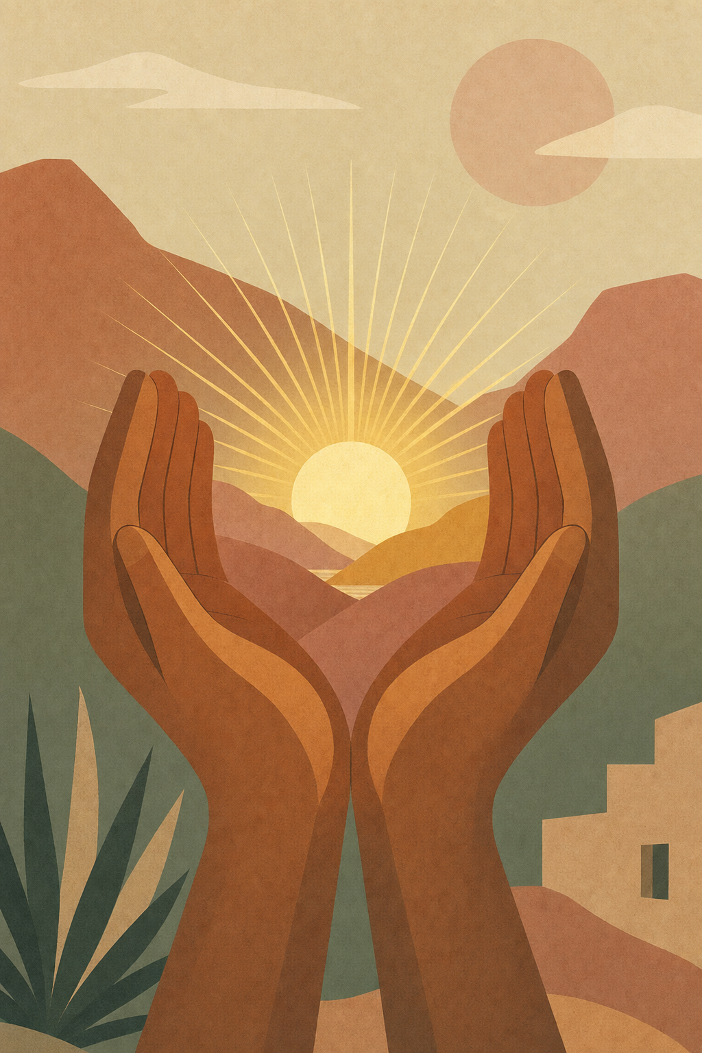 Cupped hands holding a small glowing sunrise, flat symbolic style