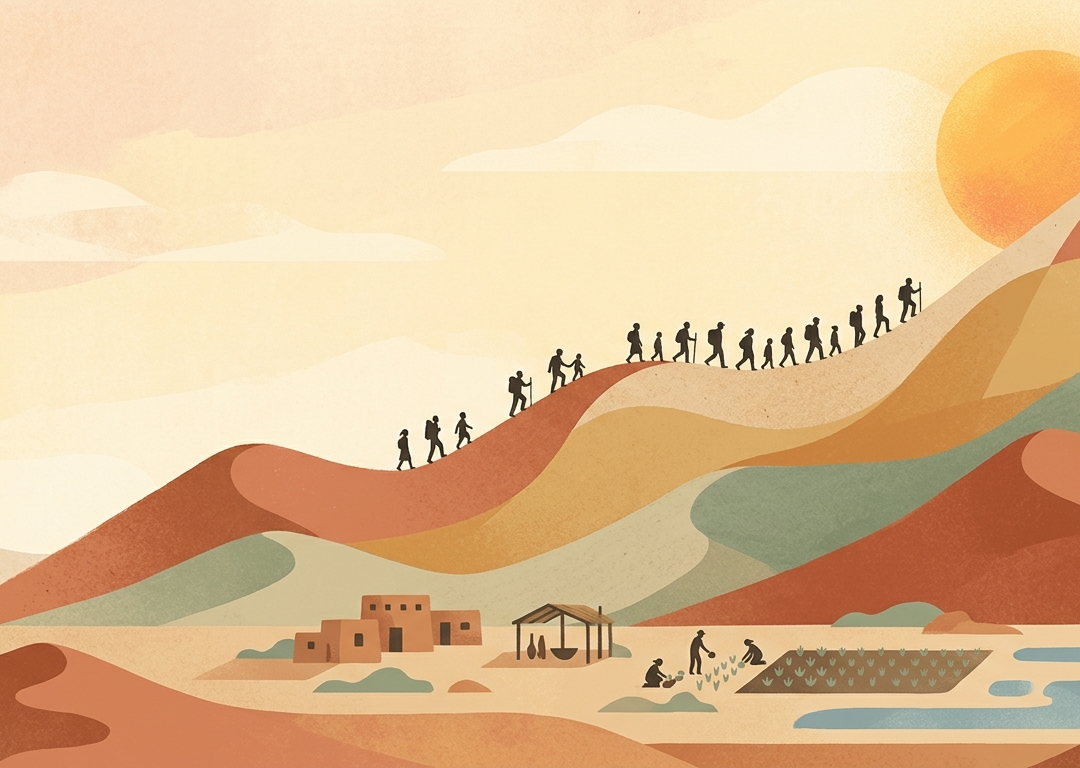 Desert dunes shaped like a rising graph with tiny figures on the crest
