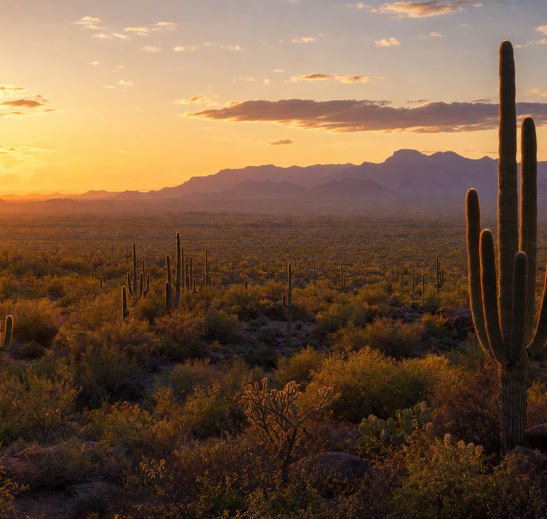 Sonoran Desert at golden hour with saguaros and distant mountains