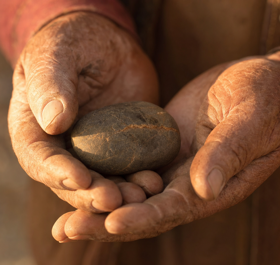 Hands cradling a smooth stone in warm sunlight