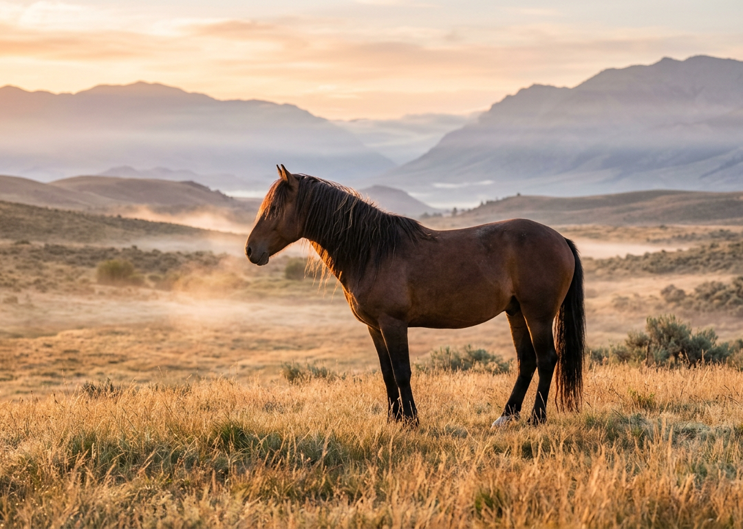 Wild horse in golden desert grass at sunrise