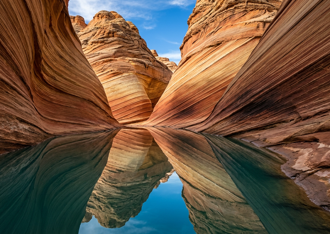 Reflective pool in sandstone slot canyon with sky above