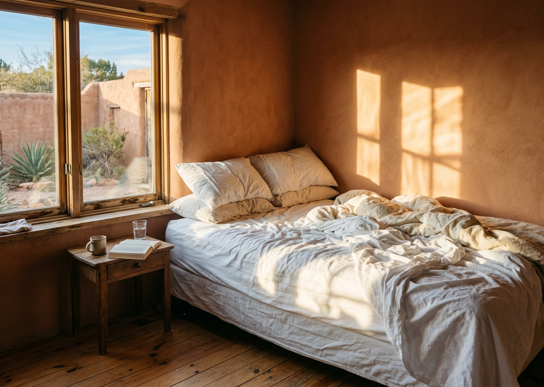 Simple bed by a window in warm morning desert light