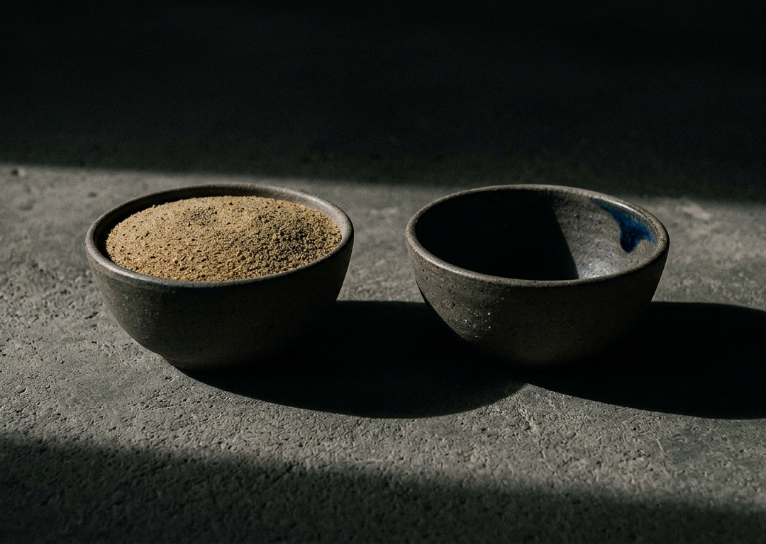 Two ceramic bowls side by side, one with sand one empty
