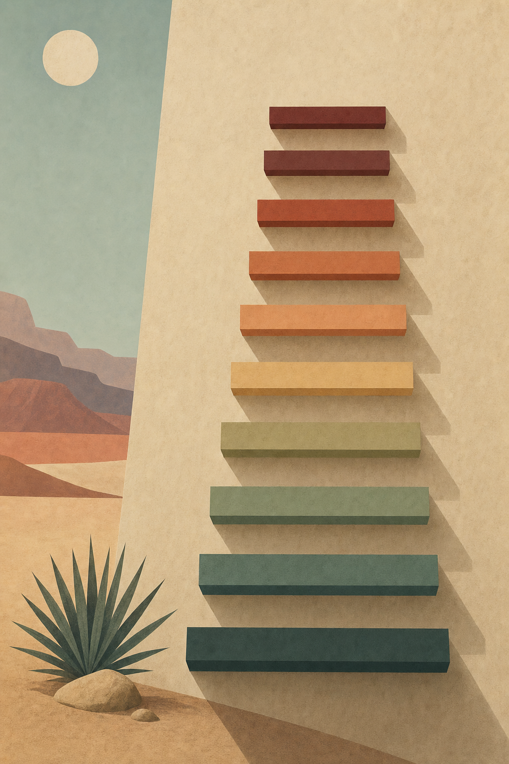 Flat colored ladder ascending a sand-toned wall