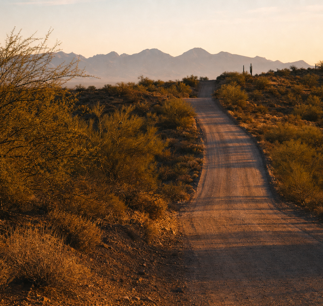 Desert dirt road climbing toward mountains at golden hour