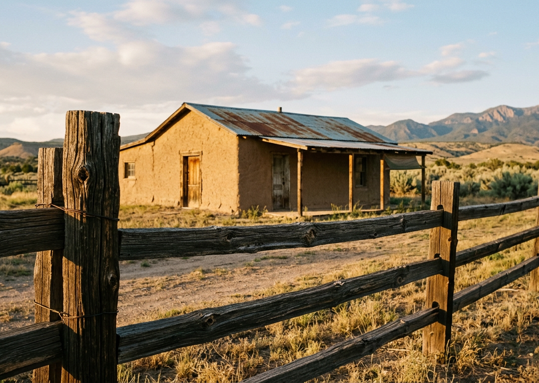 Wooden ranch fence and adobe building in warm desert light