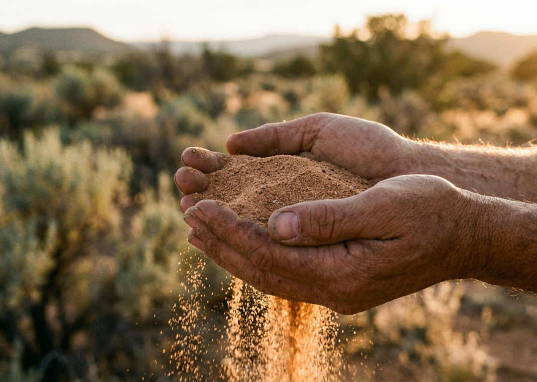Cupped hands holding desert sand in side light