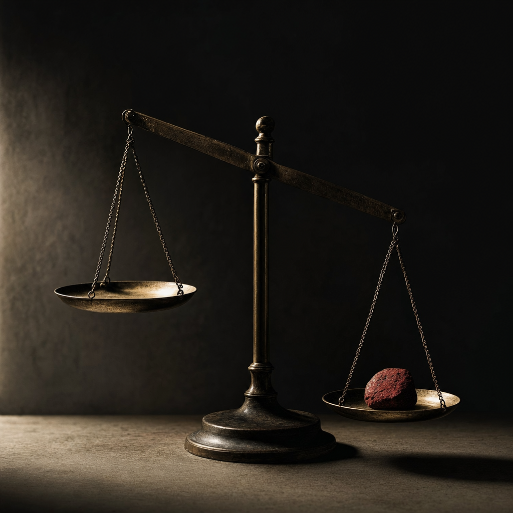 Balance scale with a stone in one pan against dark background