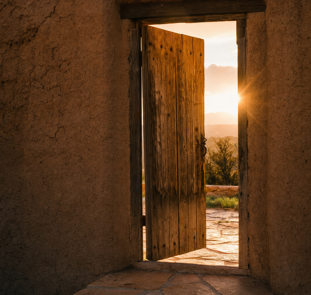An open adobe doorway with sunlight spilling through onto stone