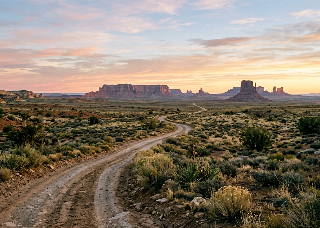 A dirt path winding through desert toward distant mesas at dawn