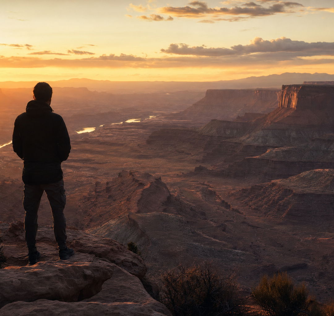 Silhouette of a person from behind looking over a sunlit canyon