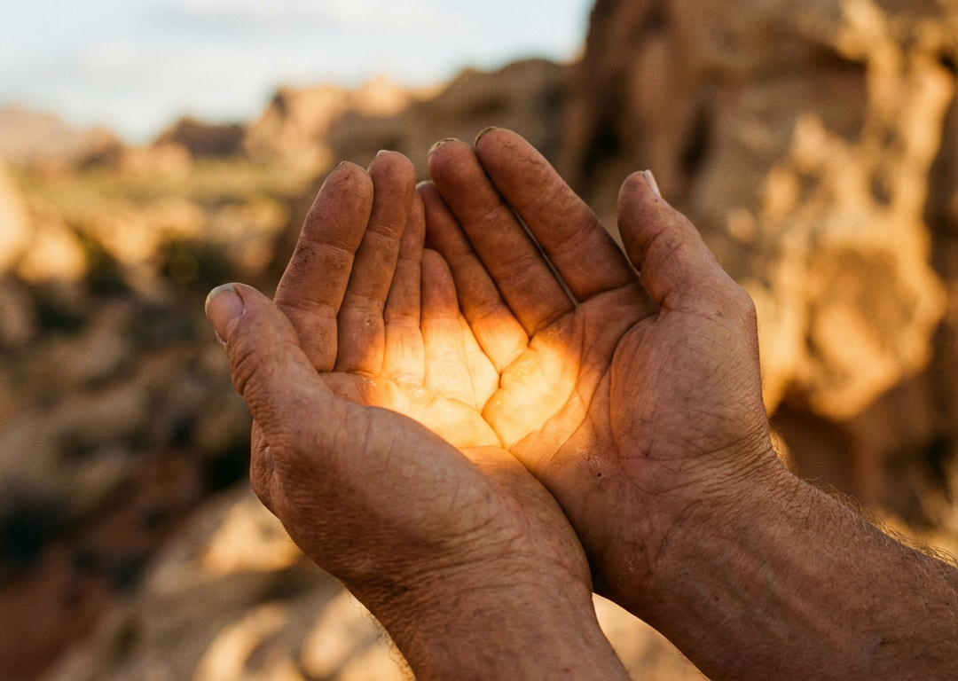 Cupped open hands holding warm light against sandstone