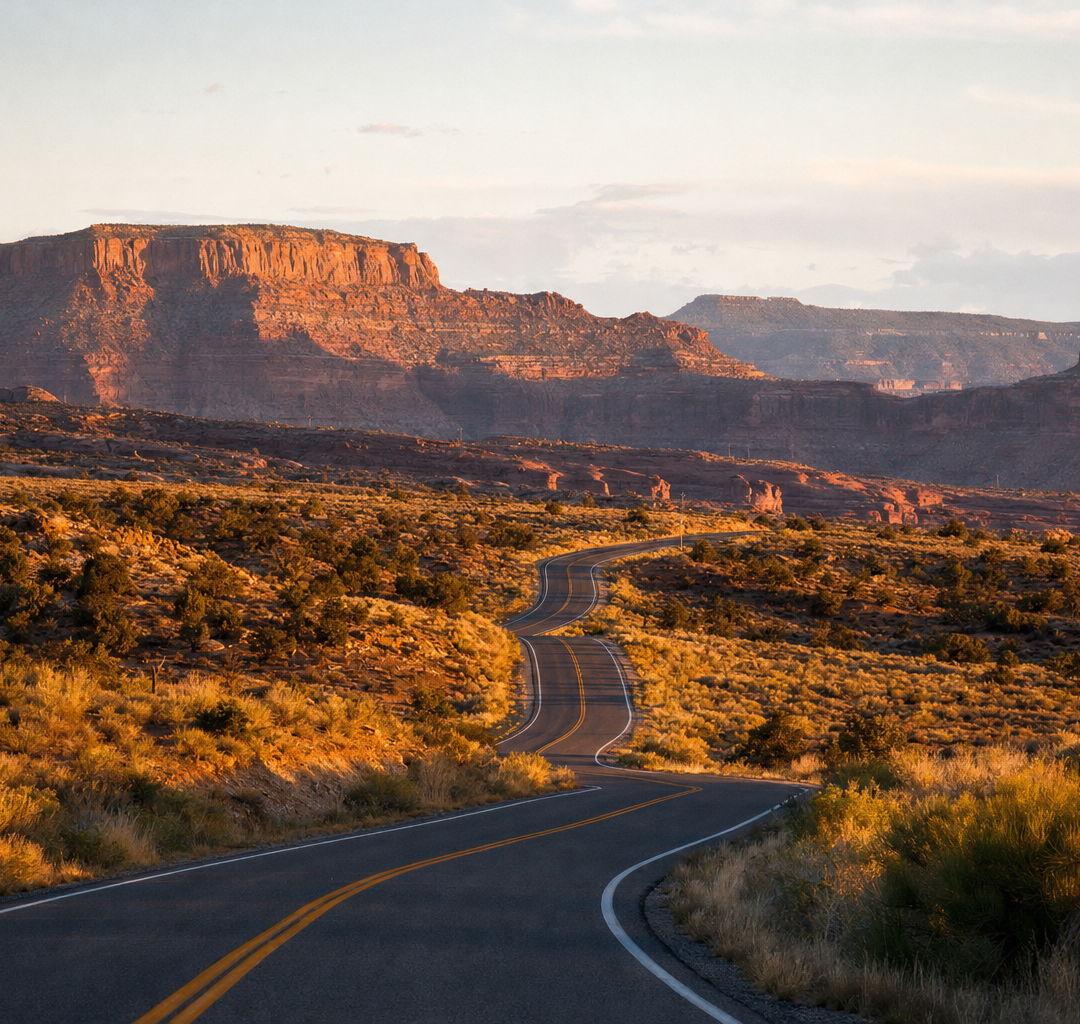 Empty desert road leading toward distant mesas at sunset