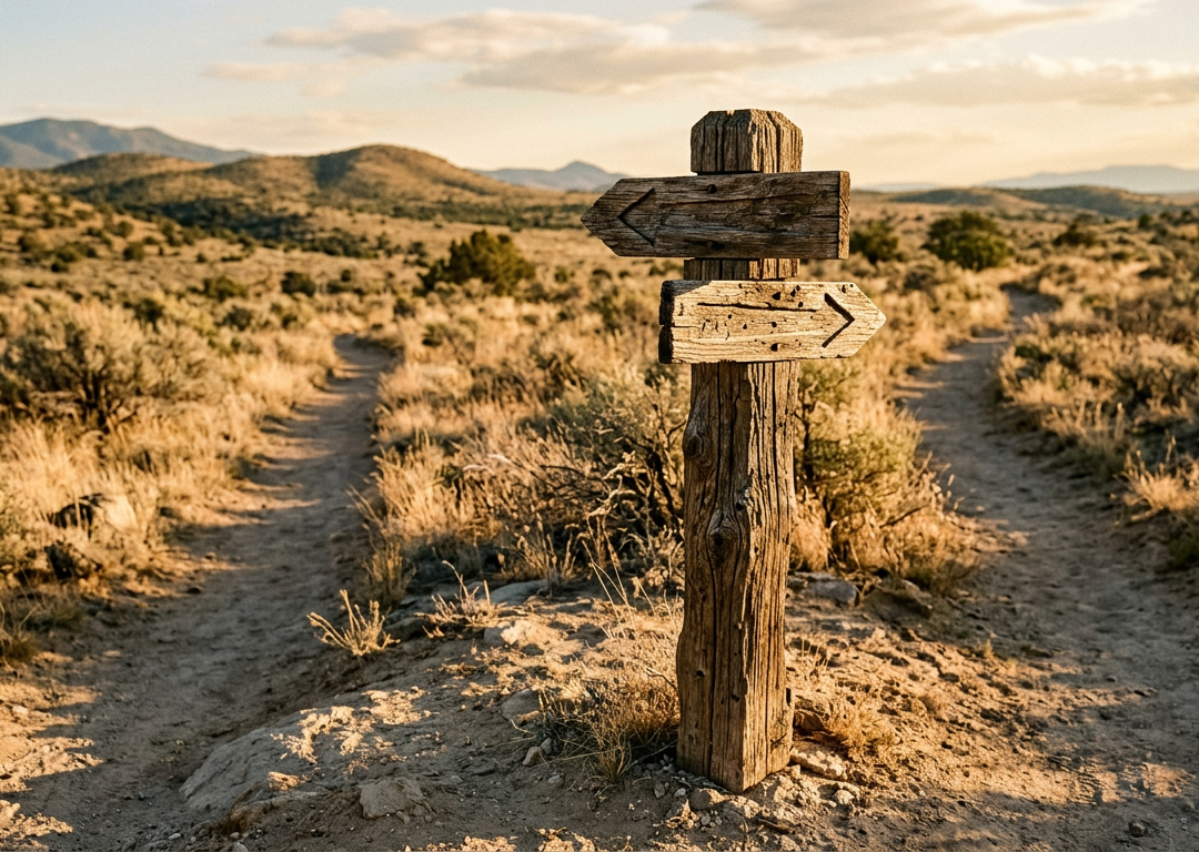 Wooden signpost where two desert trails diverge