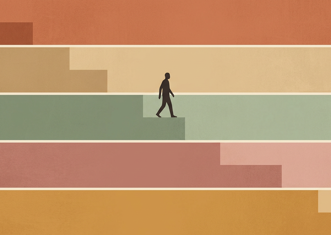 Silhouette stepping down descending colored bands like stairs