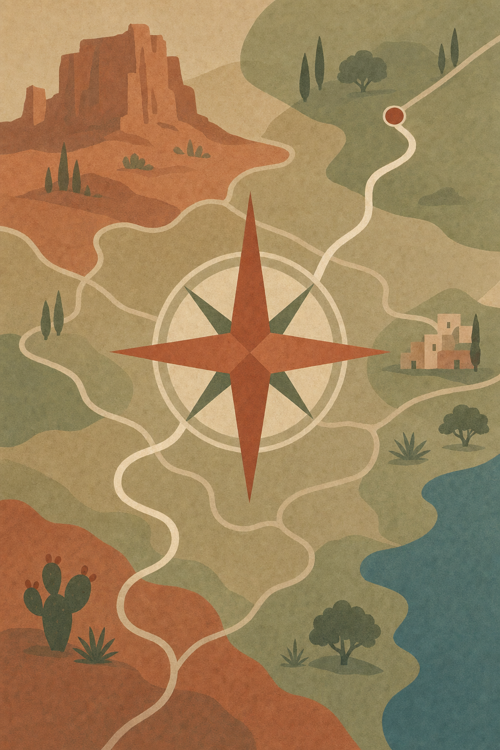 Flat compass and map with one highlighted winding path