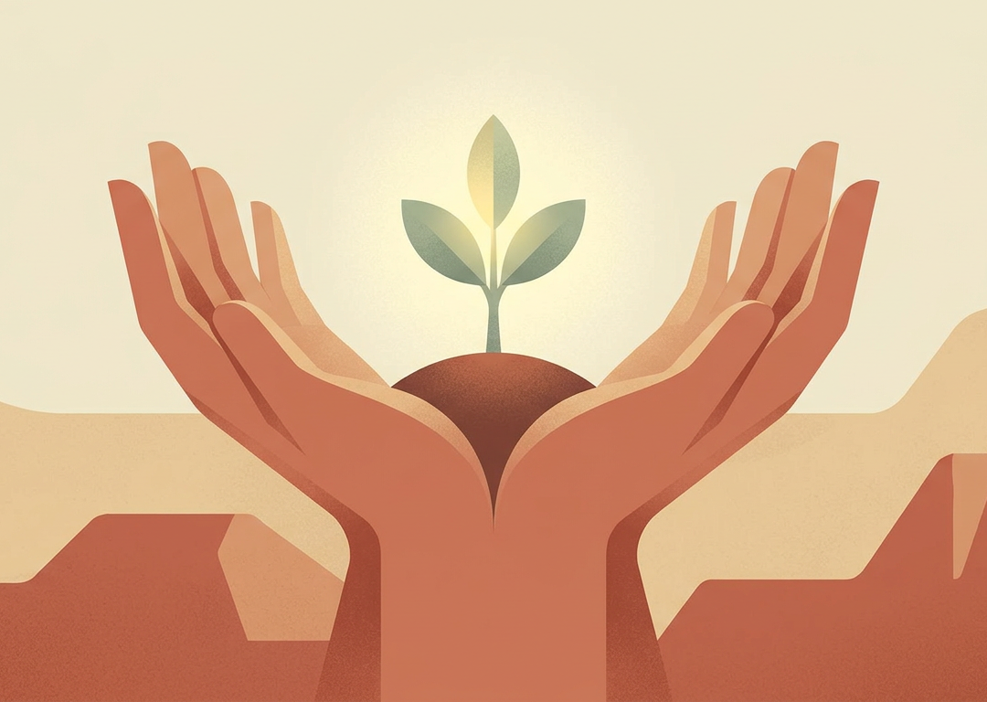 Cupped hands holding a small glowing seedling